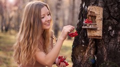 Trees woman Birds Parks blondes brunettes models forests