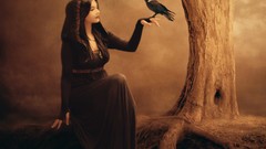 Trees woman Birds raven makeup arm dress witches red lipstick 