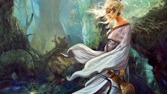 Trees woman blondes white dress forests hair ornaments artwork 