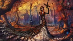 Trees woman Books crows fantasy art towns