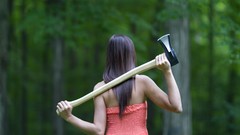 Trees woman brunettes black hair forests Axes