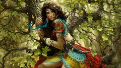 Trees woman brunettes forests artwork