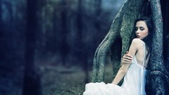 Trees woman brunettes white dress forests