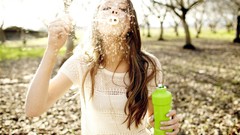 Trees woman bubbles bokeh sunlight brunettes blowing bubbles