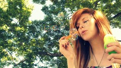 Trees woman bubbles redheads hippie peace sign