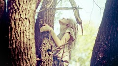 Trees woman climbing blondes forests