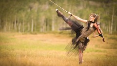 Trees woman dancing bokeh fields violins brunettes violinist 