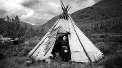 Trees woman Dogs mongolia tents grayscale Hamid Sardar