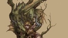 Trees woman Dragons armor blondes artwork Simple Background