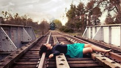 Trees woman dress Bridges lie legs tracks brunettes trains 