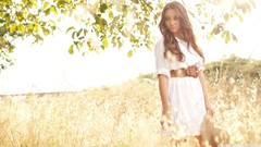 Trees woman dress hats belts outdoors brunettes white dress