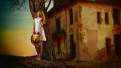 Trees woman dress hats outdoors barefoot white dress models