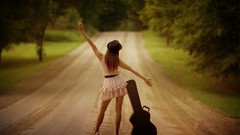 Trees woman dress roads instruments guitars redheads