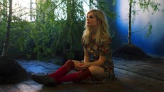 Trees woman dress sitting blondes knee socks