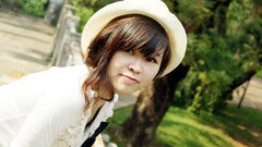 Trees woman hats long hair brunettes black eyes