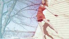 Trees woman houses blondes shadows jumping