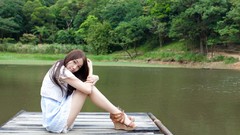 Trees woman lakes Chinese piers outdoors asians long hair 