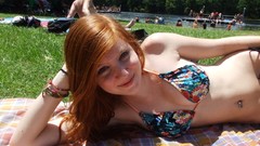 Trees woman lakes shoulders blue eyes forests redheads bikini 