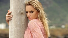 Trees woman lips blondes Pink Dress