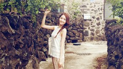 Trees woman outdoors asians smiling brunettes Korean asian 