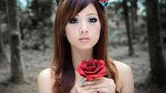 Trees woman roses blurred asians long hair brunettes models 
