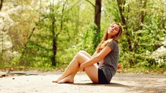 Trees woman Shorts sitting shirts outdoors barefoot closed eyes 