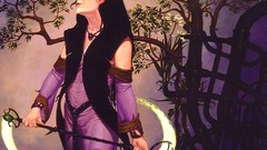 Trees woman weapons long hair black hair artwork