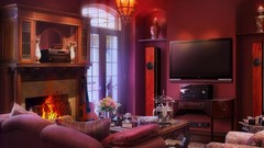 TV houses guitars couch living room speakers fireplaces