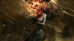 umbrella rain fire Women fantasy art dark digital art