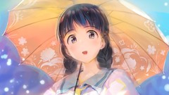 Umbrellas anime girls school uniforms braids black hair black 