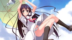 Umbrellas blush long hair anime girls seifuku black hair 