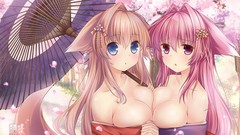 Umbrellas blush pink hair pink eyes blue eyes brunettes flower 