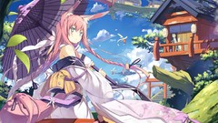 Umbrellas houses pink hair long hair braids animal ears tails 