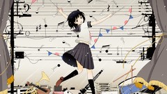 Umbrellas notes instruments cities anime girls school uniforms 