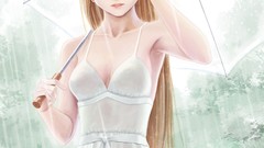 Umbrellas water drops long hair anime girls brown eyes white 