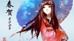 Umbrellas white background long hair anime girls brown eyes 