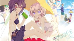 Umbrellas white hair red eyes sitting Beaches anime girls green 