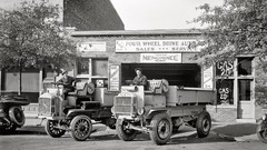 Vintage monochrome USA historic trucks vehicles