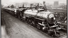 Vintage monochrome USA historic vehicles railroad tracks trains