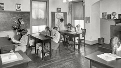 Vintage monochrome USA school historic classroom