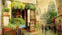 vintage Sacre-Coeur Paris France Montmartre City street