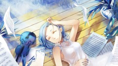 Violins blue hair anime girls closed eyes original characters