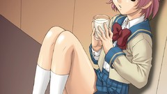 Wall glass milk sitting schoolgirls skirts pink hair anime 