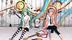 Wall graffiti sneakers headphones tie Chibi sitting instruments 