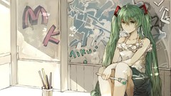 Wall sitting skirts smiling long hair anime girls green eyes 