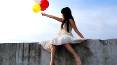 Wall woman Balloons brunettes white dress