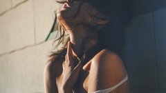 Wall woman brunettes models open mouth