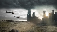 War smoke Helicopters hats after buildings cities Photo 