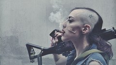 War woman Guns tattoos cigars