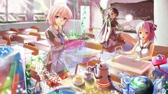 Water abstract red eyes cakes skirts pink hair anime girls 